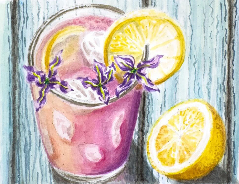 Close-up watercolor painting of a glass of Moscato wine with a lemon slice, showcasing its refreshing and sweet nature.