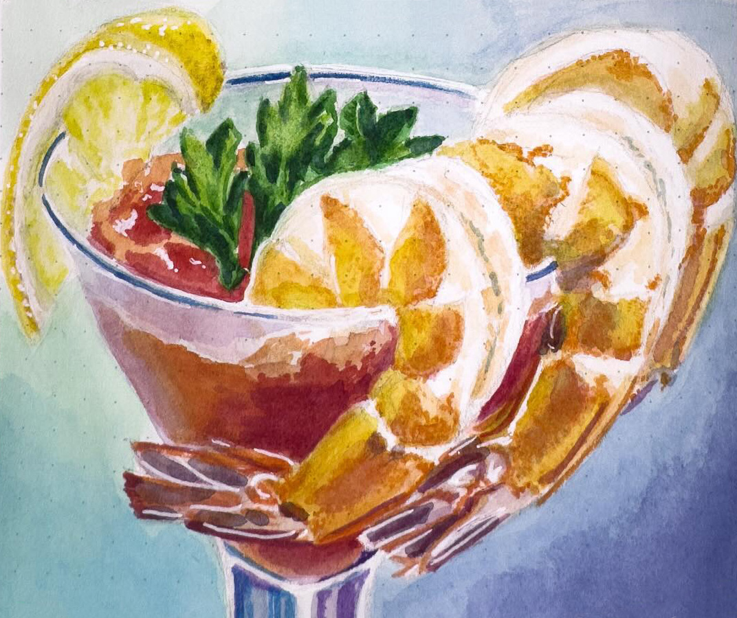 Close-up watercolor painting of a shrimp cocktail, highlighting its freshness and vibrant colors for Shrimp Day.