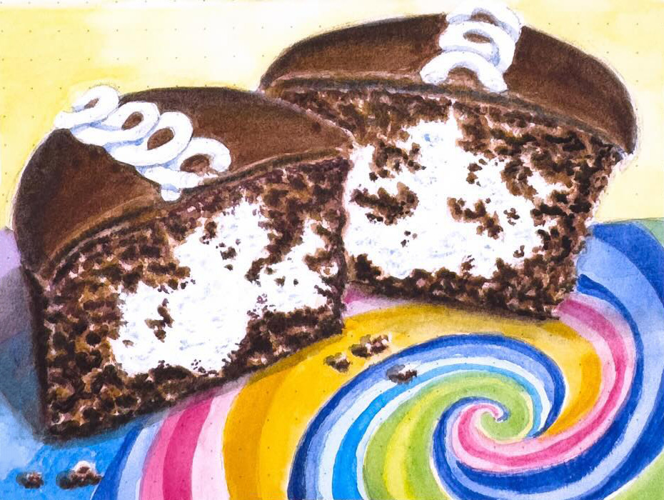 Close-up watercolor painting of a Hostess CupCake, focusing on the creamy filling and decorative icing for Hostess CupCake Day.