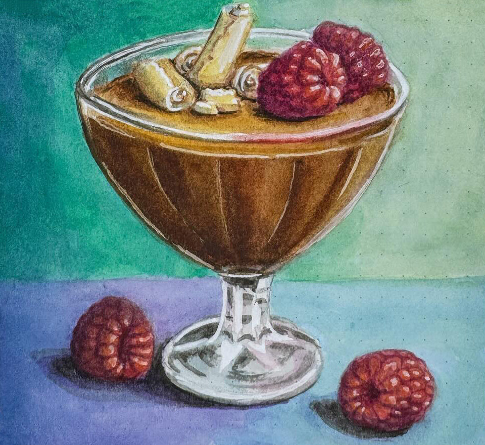 Close-up watercolor of chocolate pudding with raspberries and a cinnamon stick garnish.