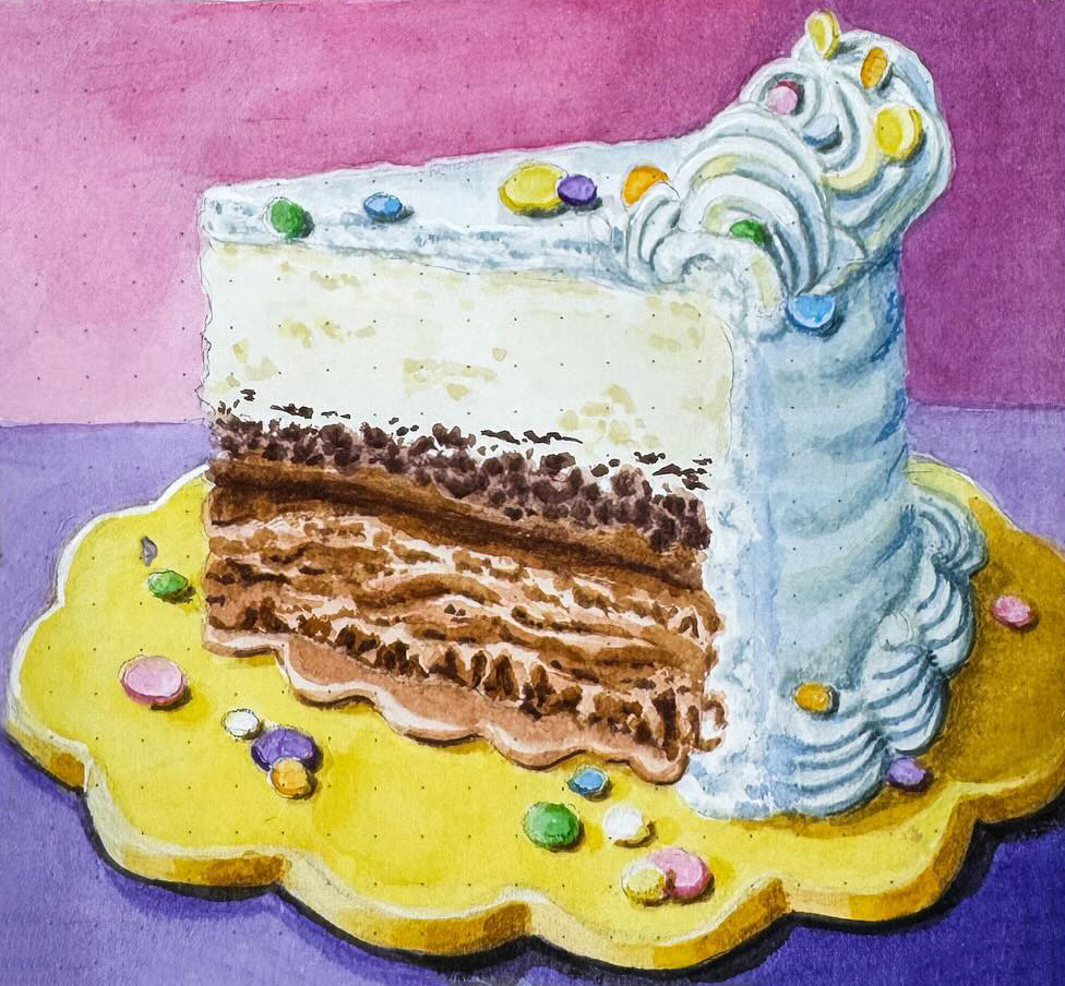 Close-up watercolor image of an ice cream cake slice showing detailed textures of ice cream layers and cookie crumbs.